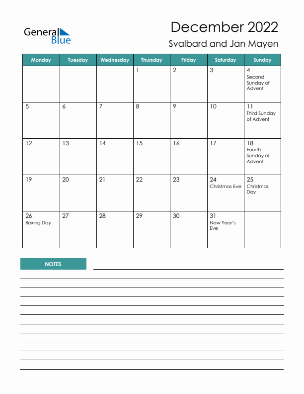 Calendar with Notes Printable - Monday Start