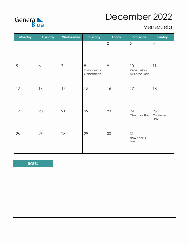 Calendar with Notes Printable - Monday Start