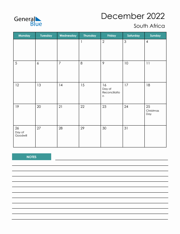 Calendar with Notes Printable - Monday Start