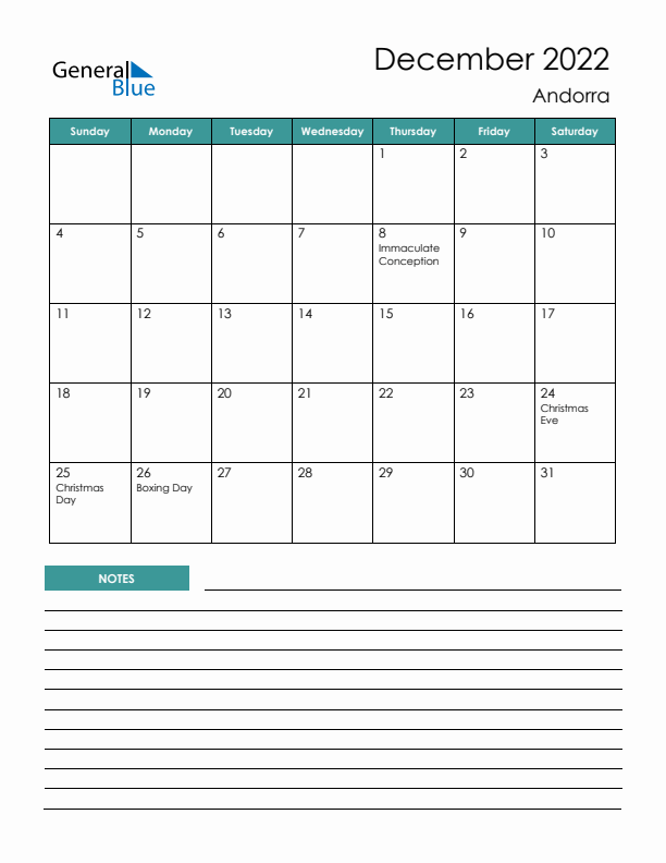 Calendar with Notes Printable - Sunday Start