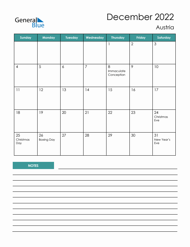 Calendar with Notes Printable - Sunday Start