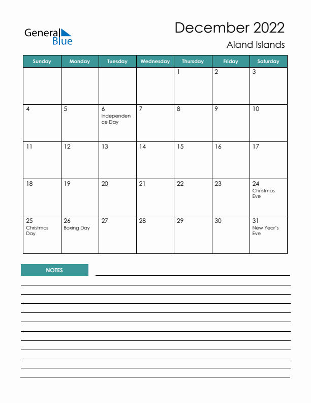 Calendar with Notes Printable - Sunday Start