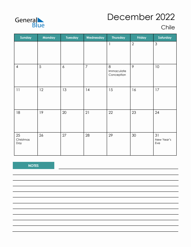 Calendar with Notes Printable - Sunday Start