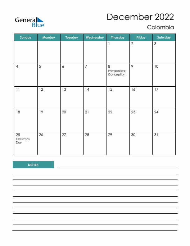 Calendar with Notes Printable - Sunday Start