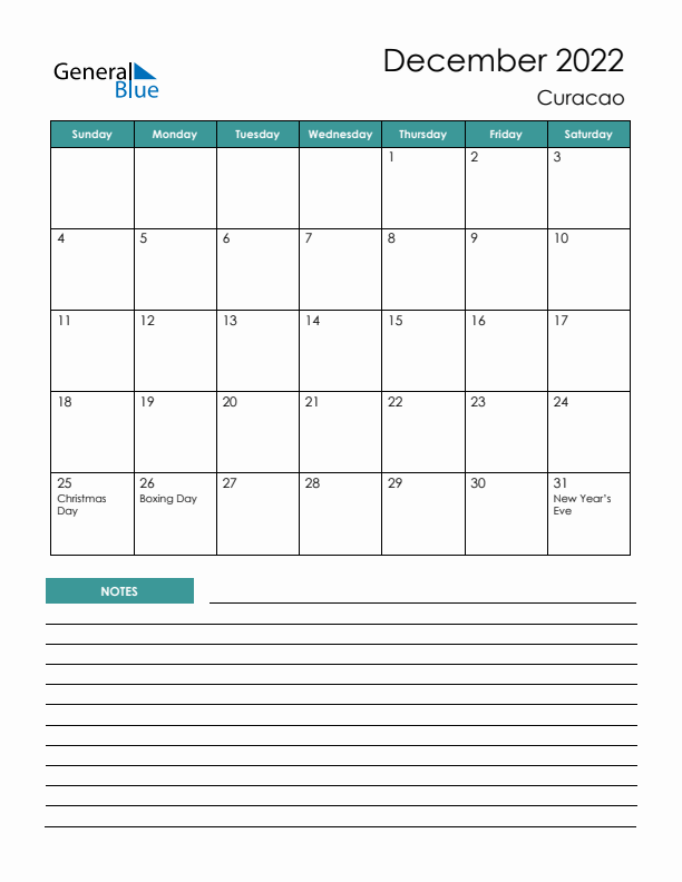 Calendar with Notes Printable - Sunday Start