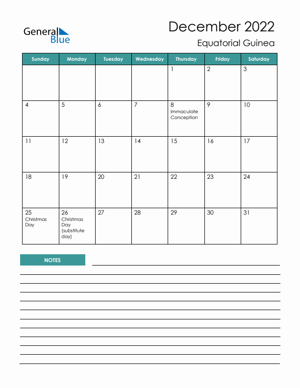 Calendar with Notes Printable - Sunday Start