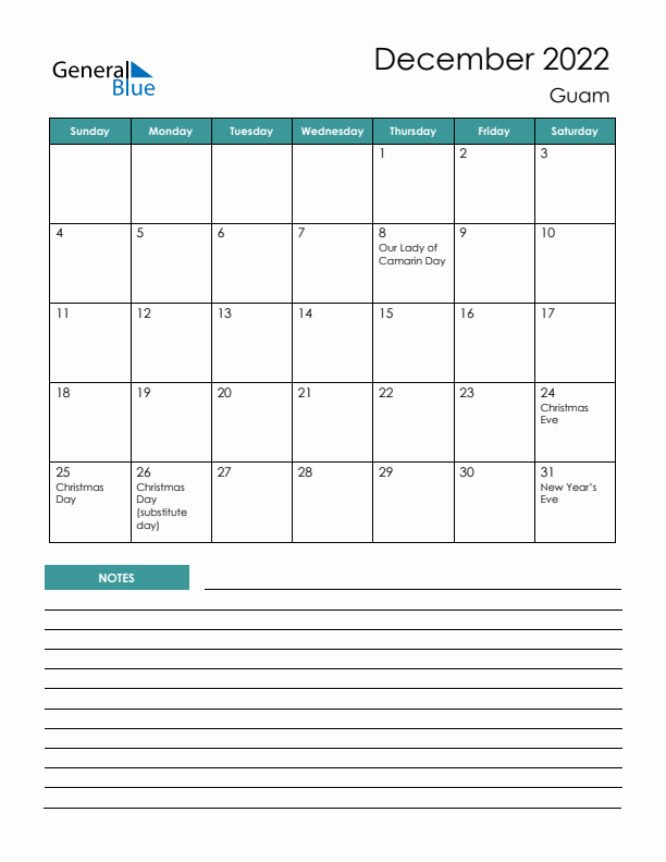 Calendar with Notes Printable - Sunday Start