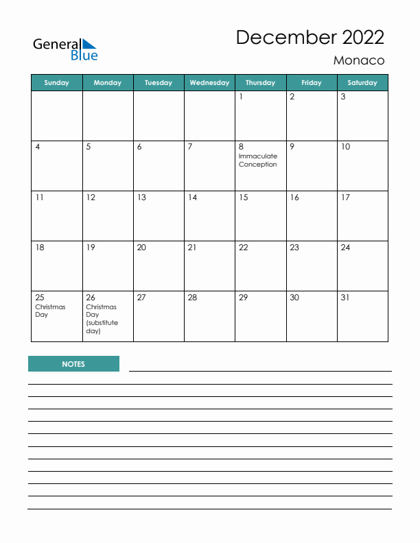 Calendar with Notes Printable - Sunday Start