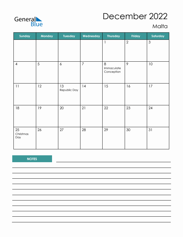 Calendar with Notes Printable - Sunday Start