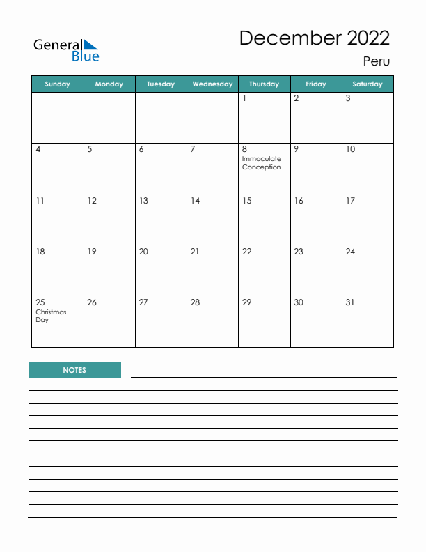 Calendar with Notes Printable - Sunday Start