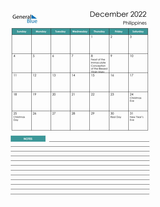 Calendar with Notes Printable - Sunday Start