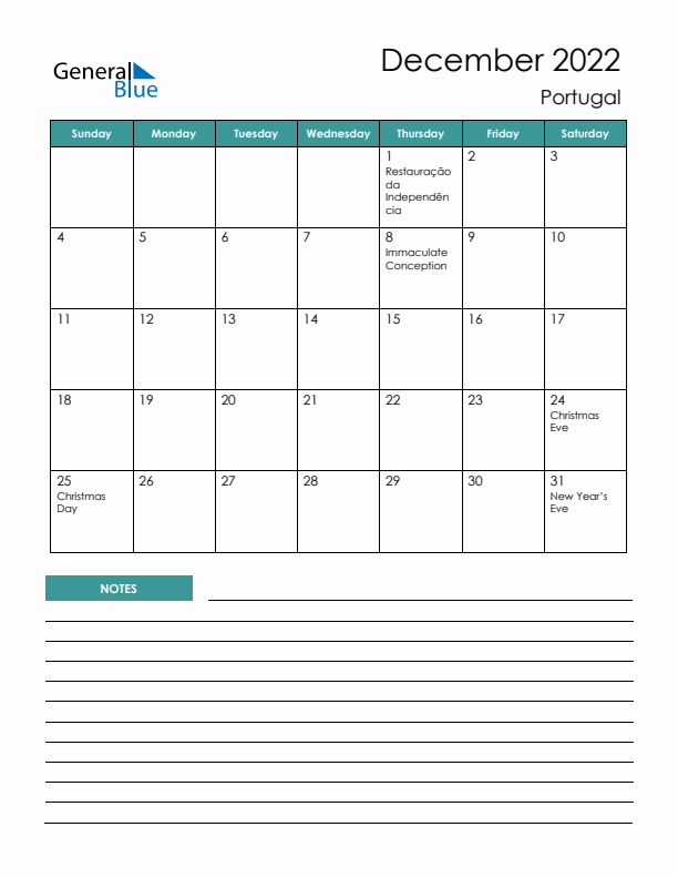 Calendar with Notes Printable - Sunday Start