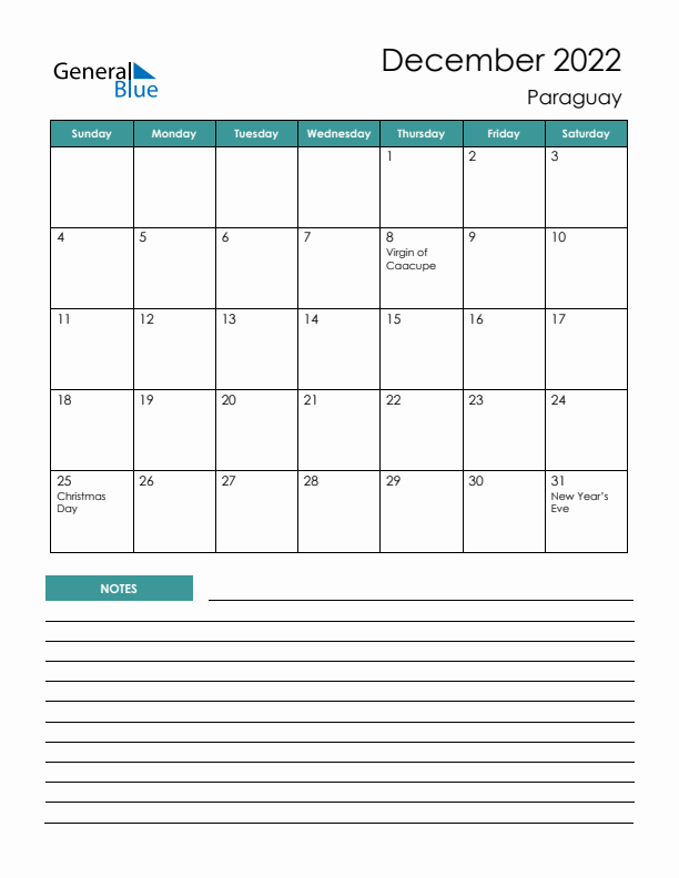 Calendar with Notes Printable - Sunday Start