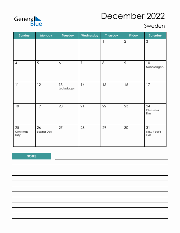 Calendar with Notes Printable - Sunday Start