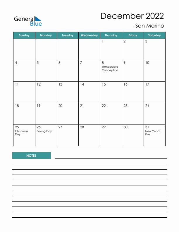 Calendar with Notes Printable - Sunday Start