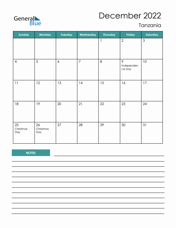 Calendar with Notes Printable - Sunday Start