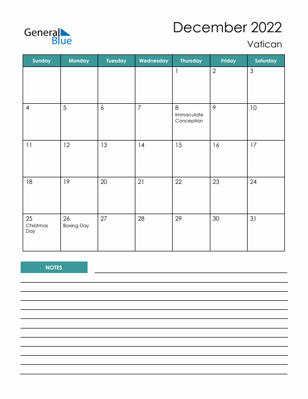 Calendar with Notes Printable - Sunday Start