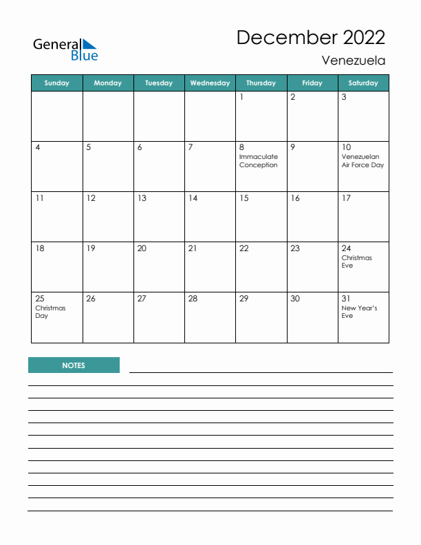 Calendar with Notes Printable - Sunday Start