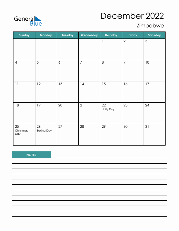 Calendar with Notes Printable - Sunday Start