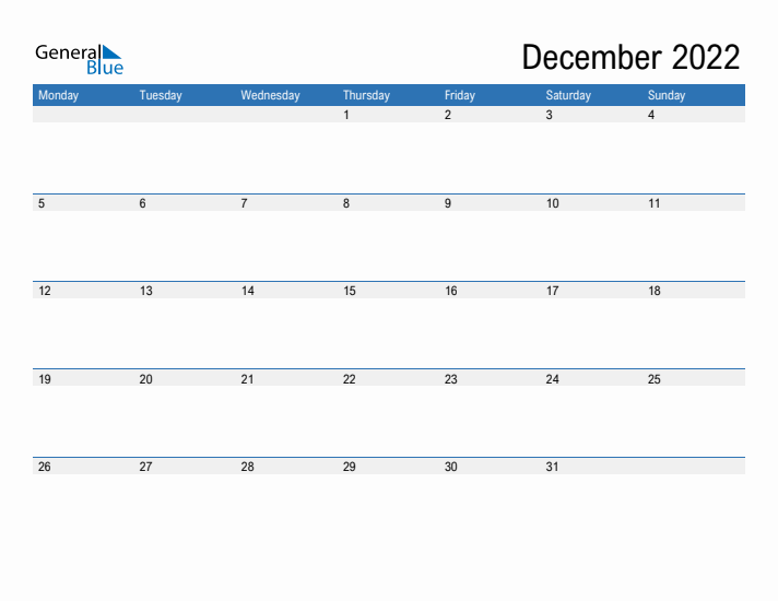 Fillable Calendar for December 2022