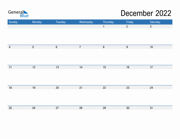 Fillable Calendar for December 2022