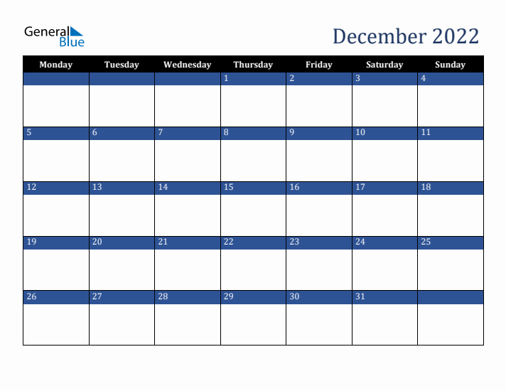 Monday Start Calendar for December 2022