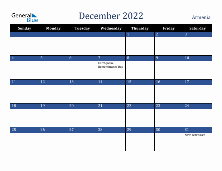 December 2022 Armenia Calendar (Sunday Start)