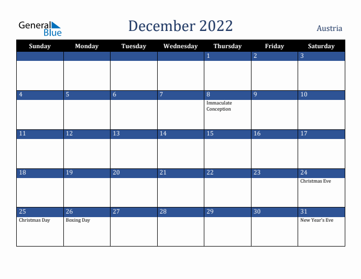 December 2022 Austria Calendar (Sunday Start)