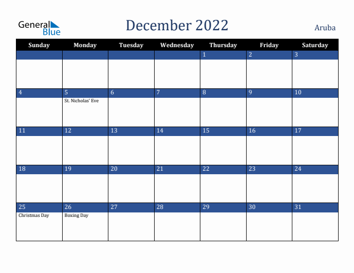 December 2022 Aruba Calendar (Sunday Start)