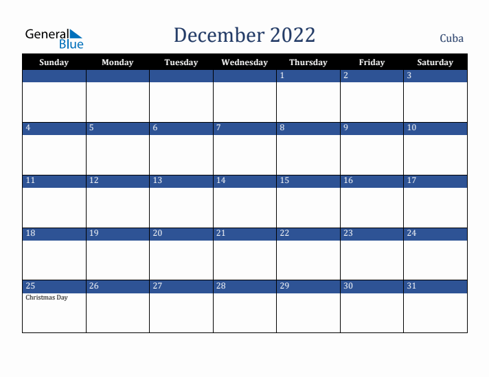 December 2022 Cuba Calendar (Sunday Start)