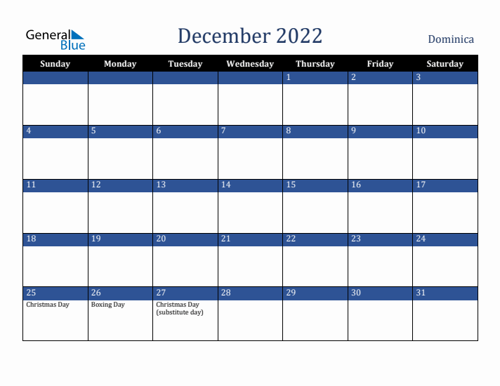 December 2022 Dominica Calendar (Sunday Start)