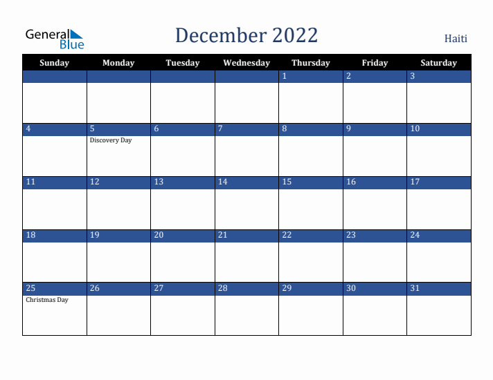 December 2022 Haiti Calendar (Sunday Start)