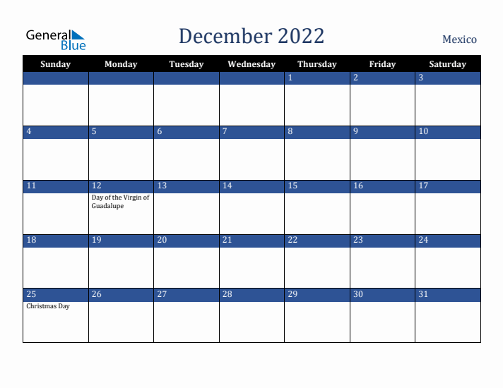 December 2022 Mexico Calendar (Sunday Start)