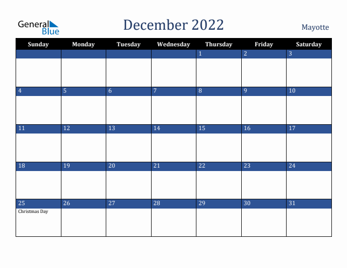 December 2022 Mayotte Calendar (Sunday Start)