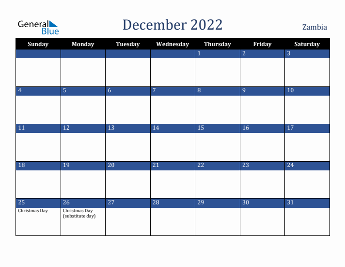 December 2022 Zambia Calendar (Sunday Start)