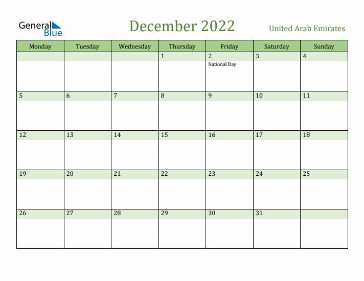 December 2022 Calendar with United Arab Emirates Holidays