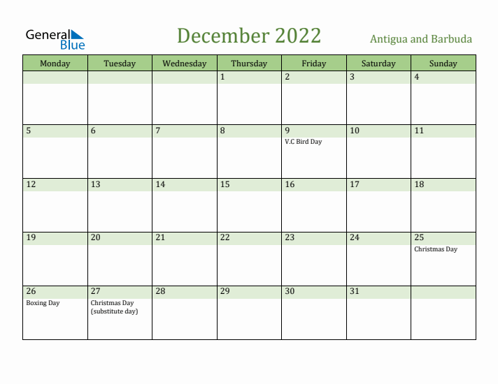 December 2022 Calendar with Antigua and Barbuda Holidays