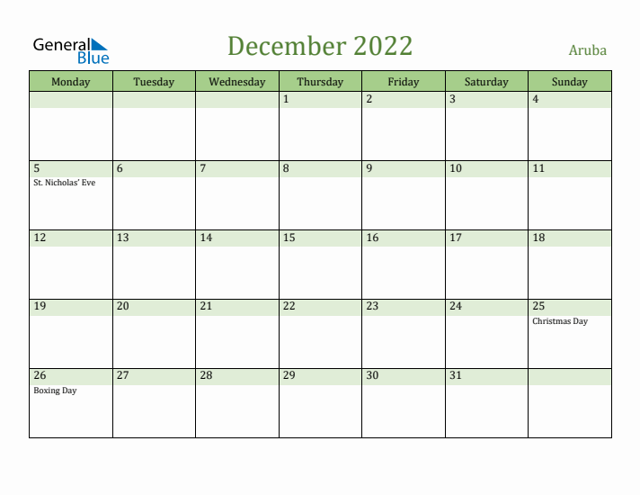 December 2022 Calendar with Aruba Holidays