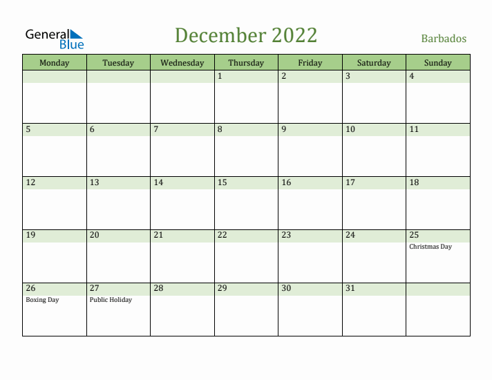 December 2022 Calendar with Barbados Holidays