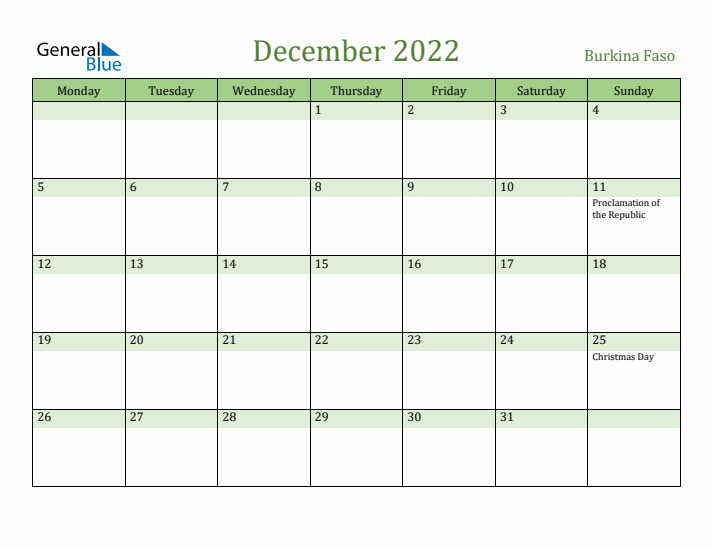 December 2022 Calendar with Burkina Faso Holidays