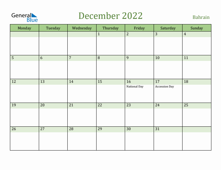 December 2022 Calendar with Bahrain Holidays