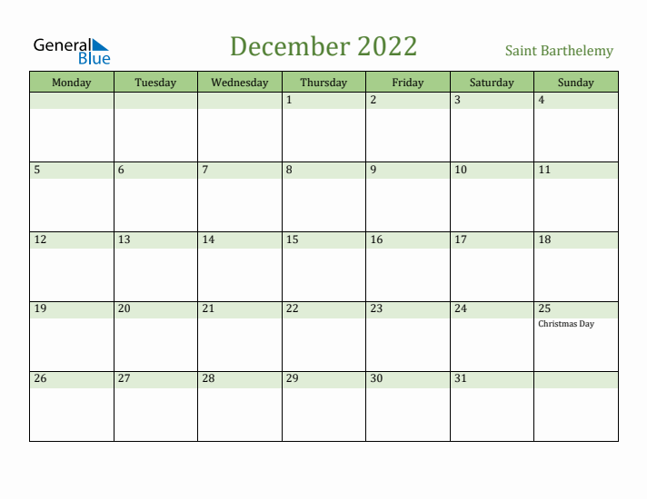 December 2022 Calendar with Saint Barthelemy Holidays