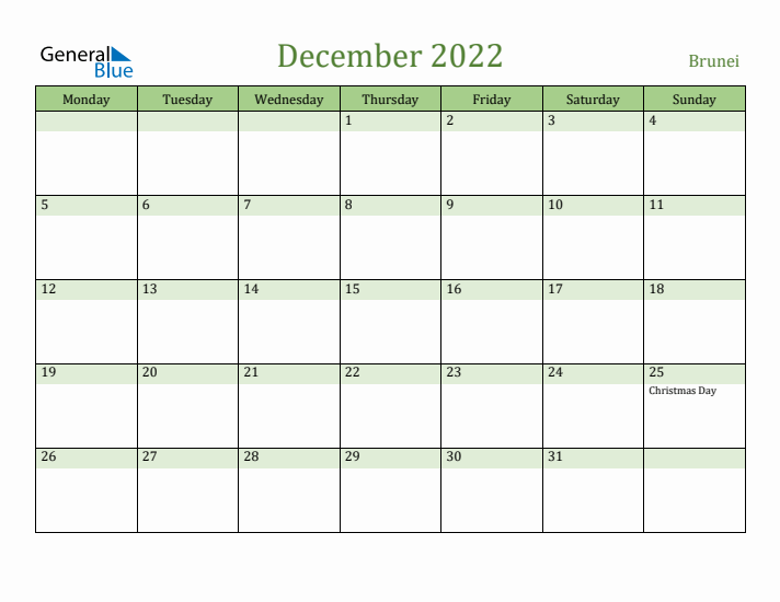 December 2022 Calendar with Brunei Holidays