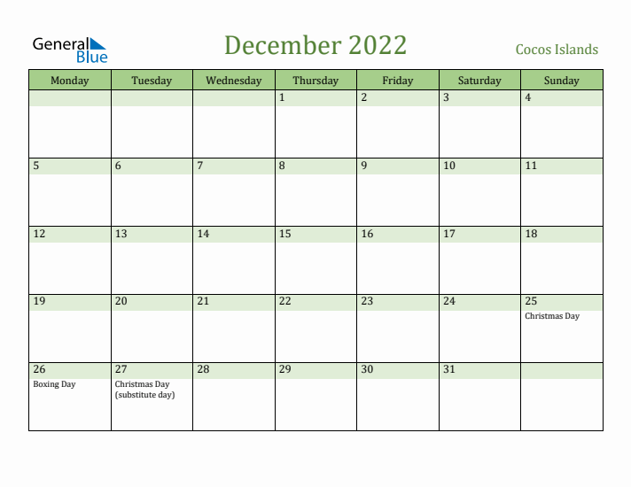 December 2022 Calendar with Cocos Islands Holidays