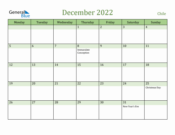 December 2022 Calendar with Chile Holidays