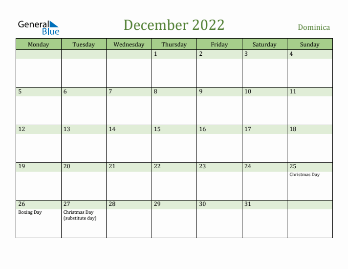 December 2022 Calendar with Dominica Holidays