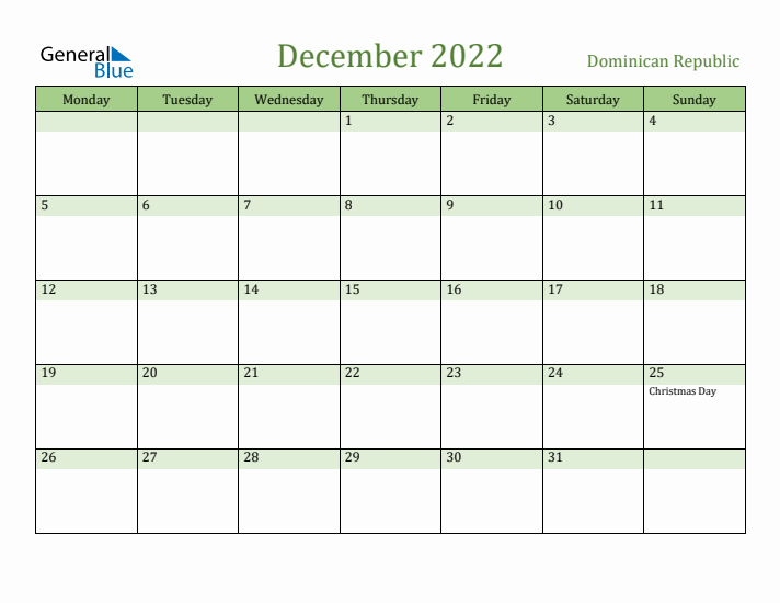 December 2022 Calendar with Dominican Republic Holidays