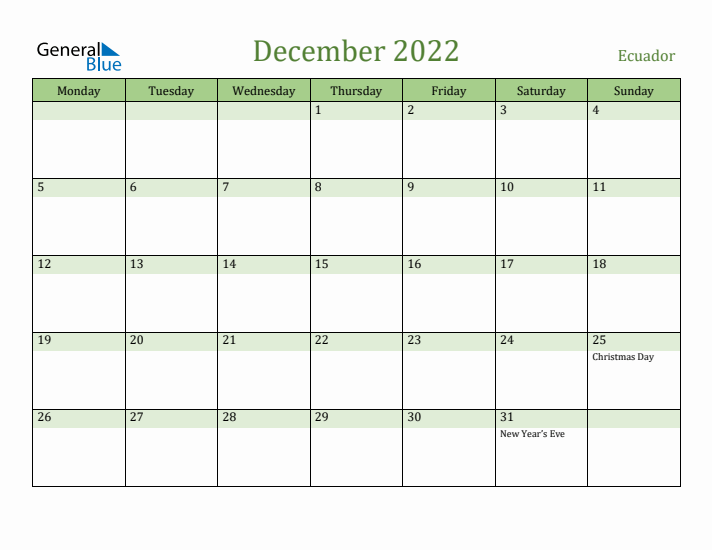 December 2022 Calendar with Ecuador Holidays