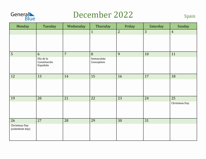 December 2022 Calendar with Spain Holidays