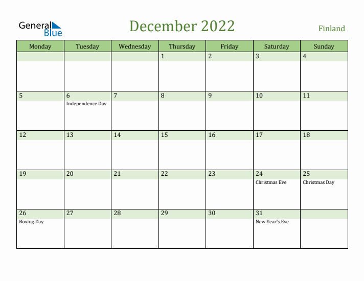 December 2022 Calendar with Finland Holidays